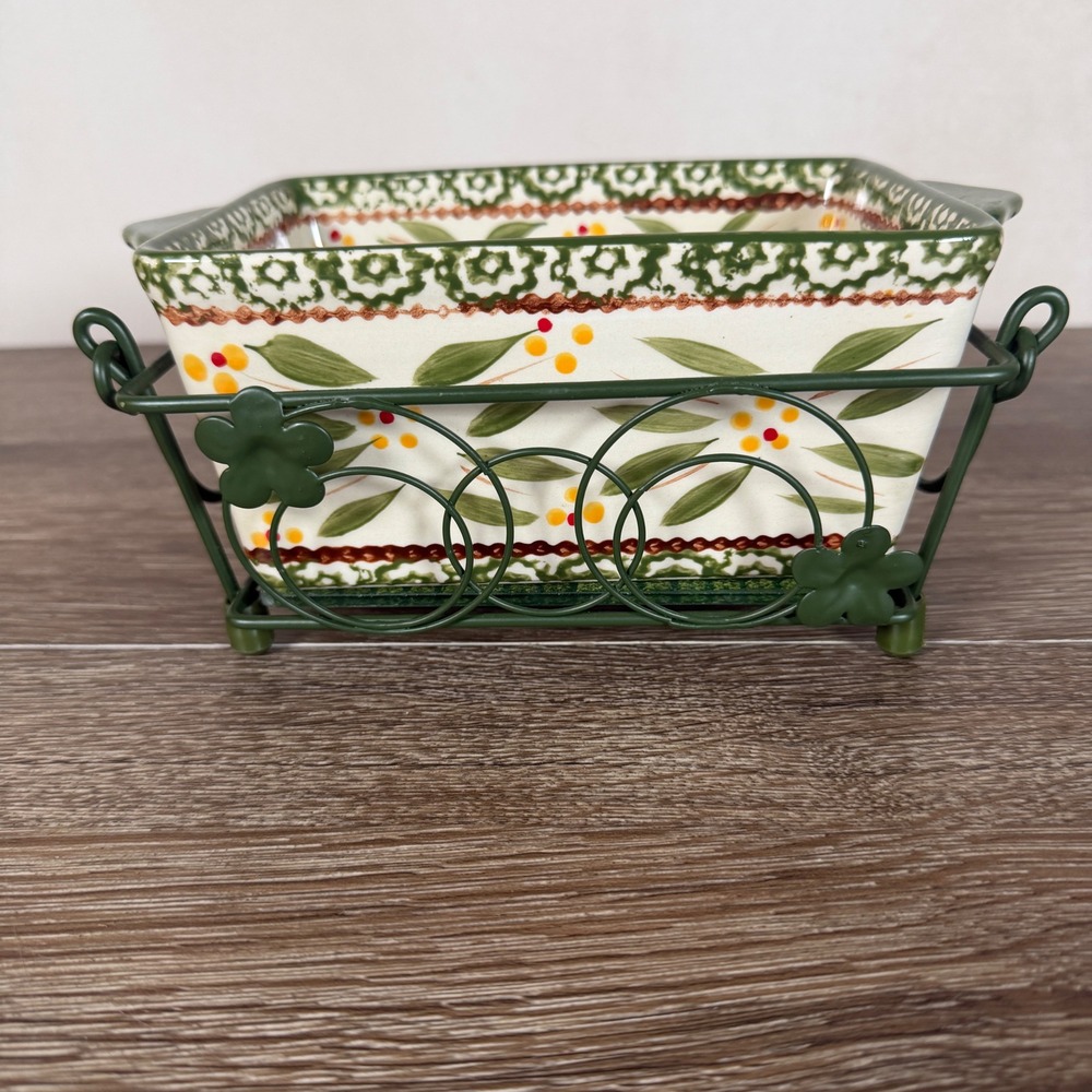 Temp-tations Loaf Pan 1QT Old World Green Floral Stoneware Baker with Wire Rack